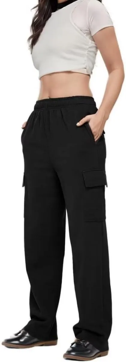 Women Cargo Sweatpants Casual Wide Leg Sweats Pants Dressy Elastic High Waist Active Lounge Trousers with Pockets