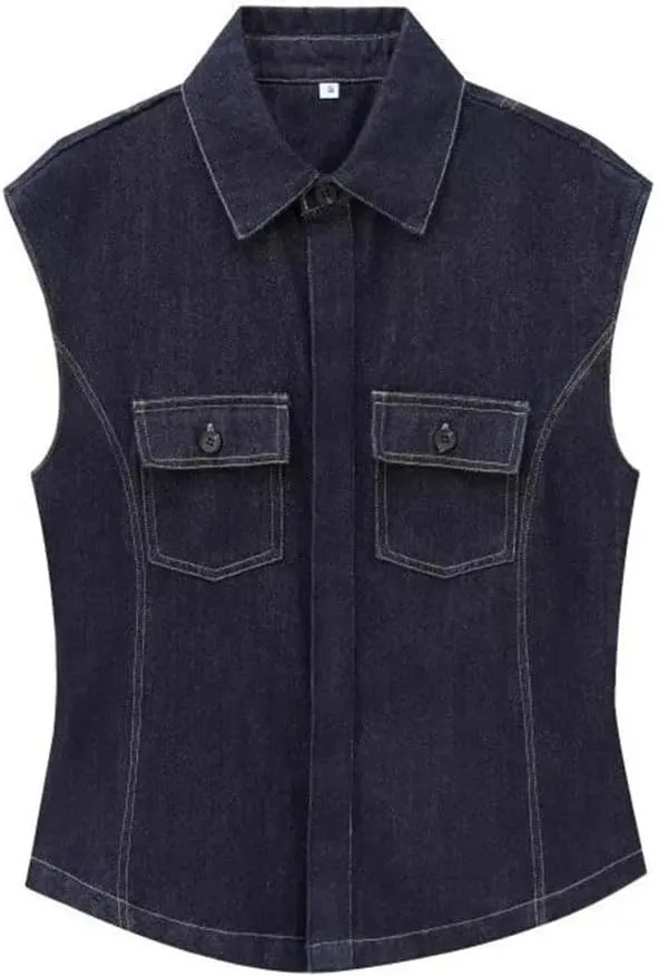 Women Denim Turn-Down Collar Sleeveless Pocket Design Jackets Vintage Tank Top Vest