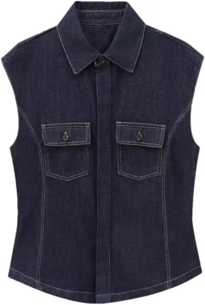 Women Denim Turn-Down Collar Sleeveless Pocket Design Jackets Vintage Tank Top Vest