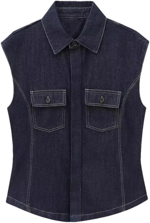 Women Denim Turn-Down Collar Sleeveless Pocket Design Jackets Vintage Tank Top Vest