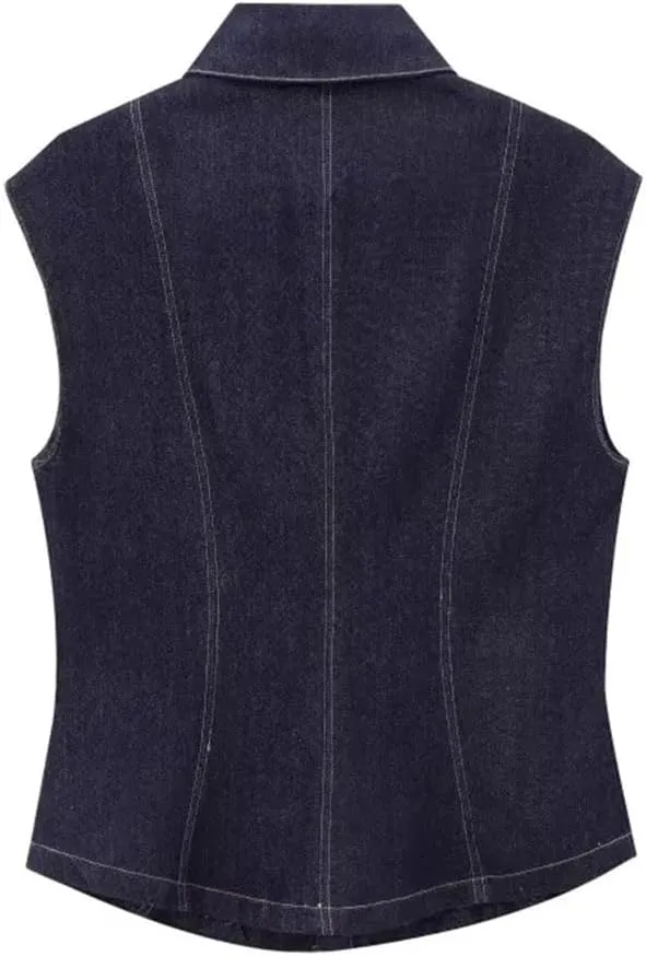 Women Denim Turn-Down Collar Sleeveless Pocket Design Jackets Vintage Tank Top Vest