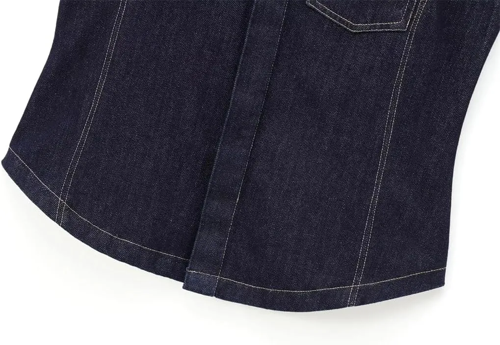Women Denim Turn-Down Collar Sleeveless Pocket Design Jackets Vintage Tank Top Vest