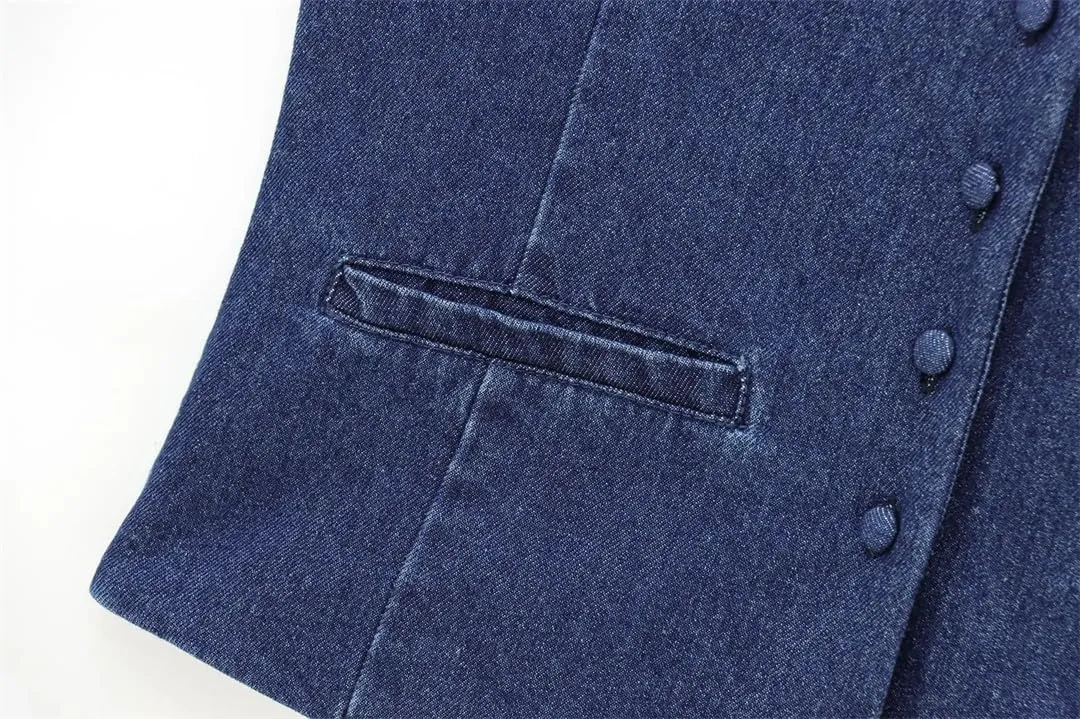Women Denim Vintage Round Neck Single Breasted Short Jacket Sleeveless Waistcoat Outerwear Vest