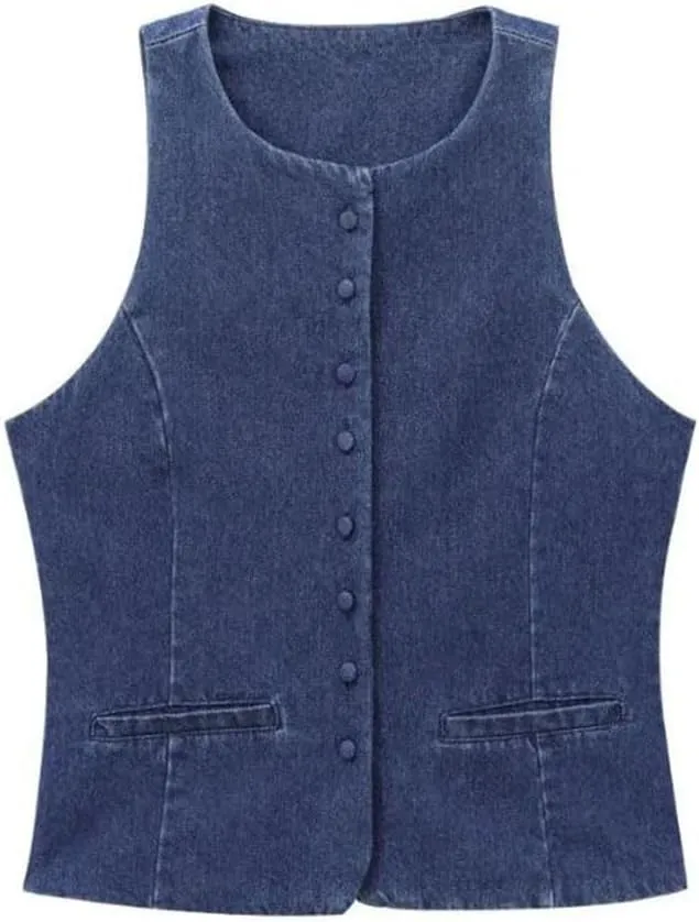 Women Denim Vintage Round Neck Single Breasted Short Jacket Sleeveless Waistcoat Outerwear Vest