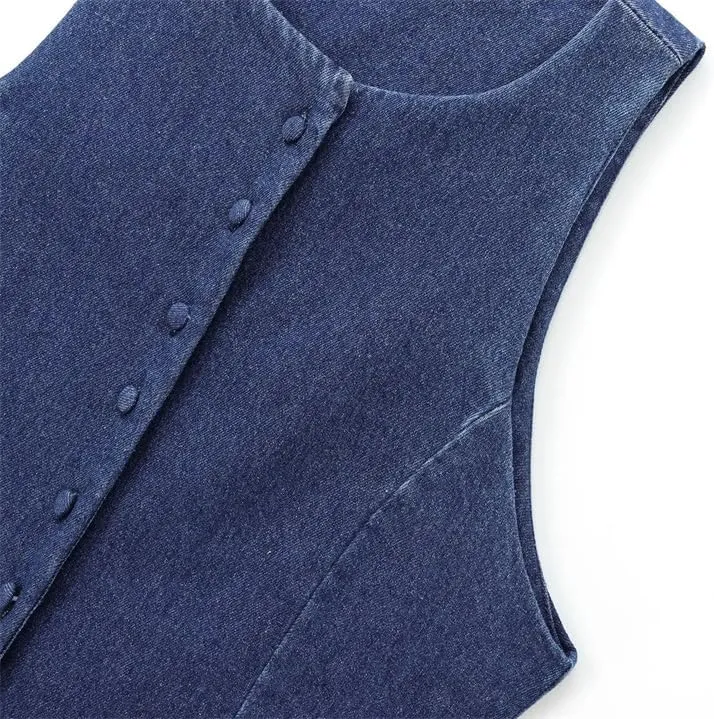 Women Denim Vintage Round Neck Single Breasted Short Jacket Sleeveless Waistcoat Outerwear Vest