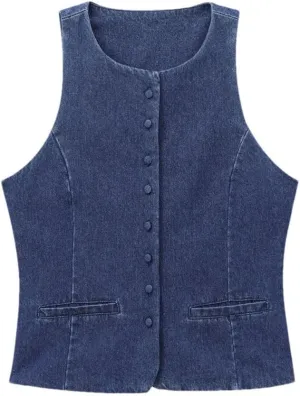Women Denim Vintage Round Neck Single Breasted Short Jacket Sleeveless Waistcoat Outerwear Vest