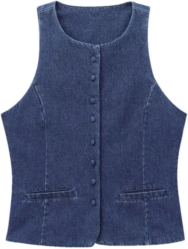 Women Denim Vintage Round Neck Single Breasted Short Jacket Sleeveless Waistcoat Outerwear Vest