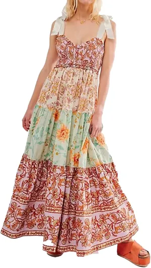 Women Floral Boho Sundress Tie Shoulder Smocked Patchwork Flowy Maxi Dresses with Pockets Summer Fall