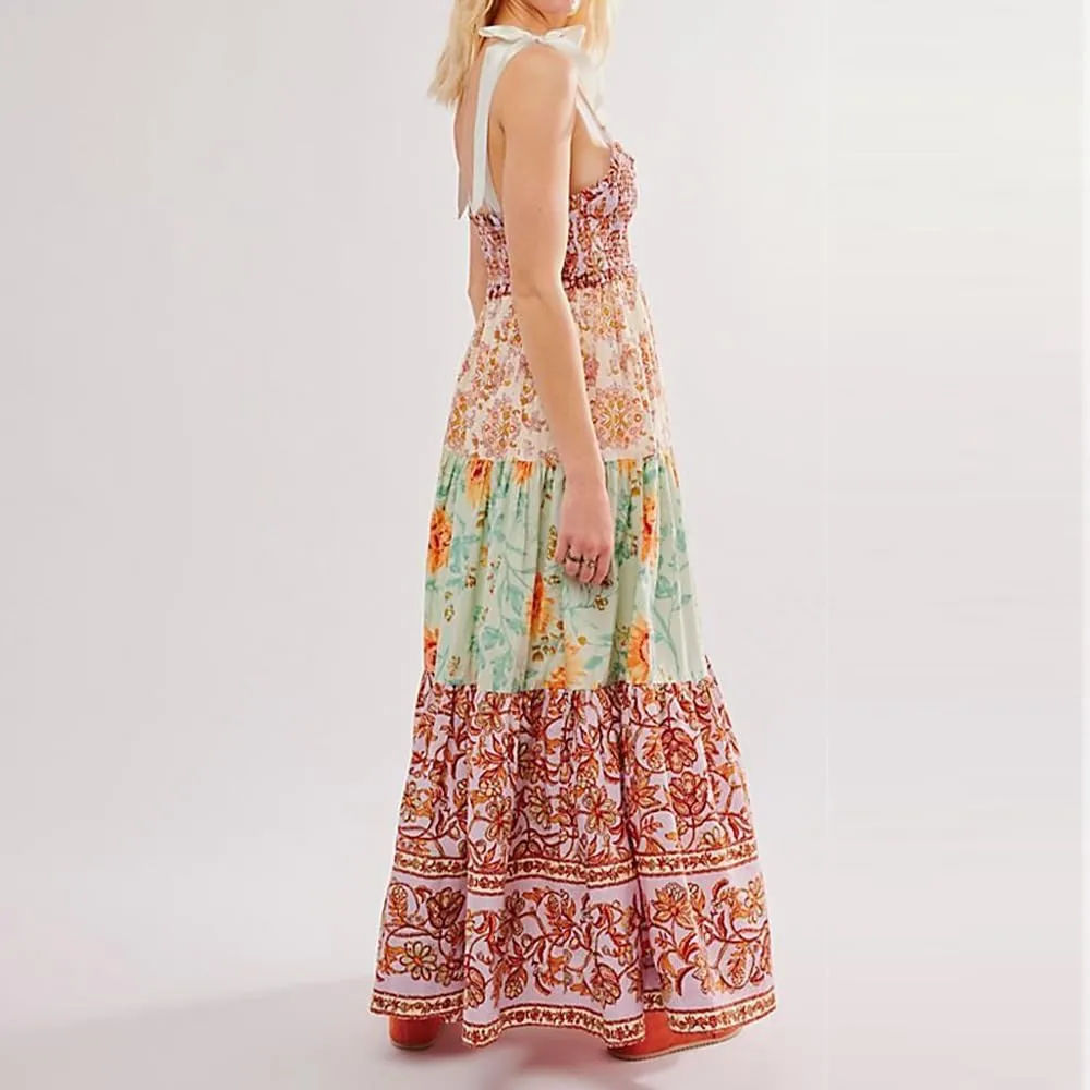 Women Floral Boho Sundress Tie Shoulder Smocked Patchwork Flowy Maxi Dresses with Pockets Summer Fall