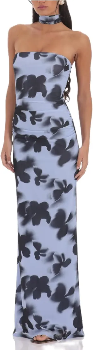 Women Floral Tube Maxi Dress with Scarf Sexy Strapless Backless Bodycon Long Dress Summer Mesh Cocktail Sundress