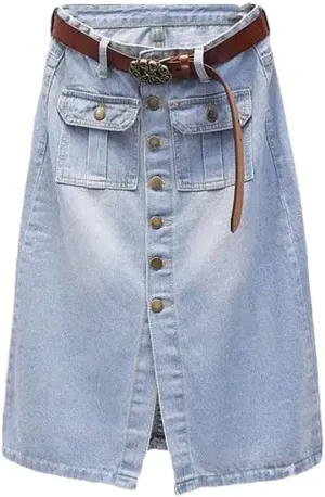 Women Front Split Denim Sheath Skirts Single-Breasted Button High Waist Pencil Solid Denim Skirt