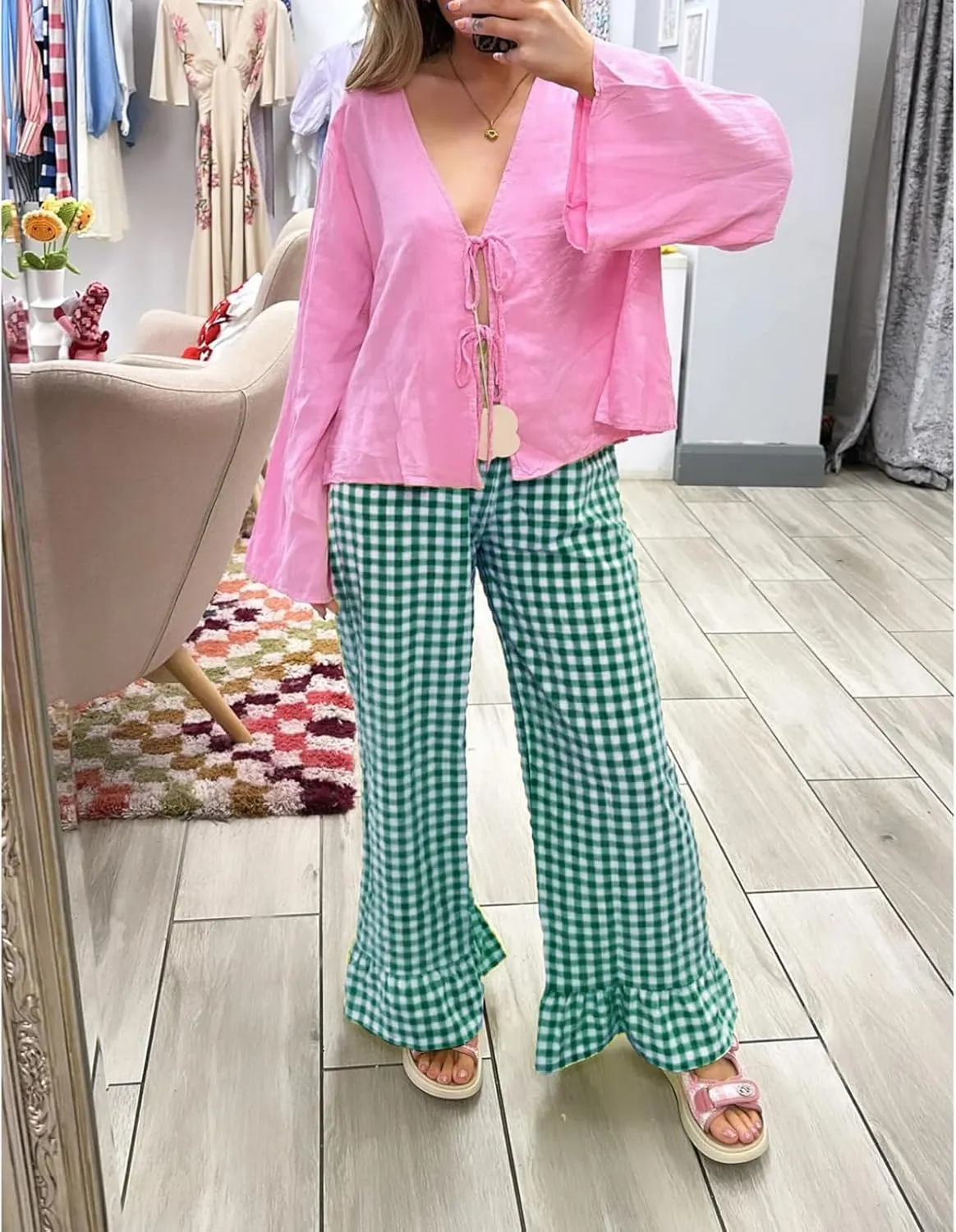 Women Gingham Pants Ruffle Hem Wide Leg Flowy Pants Checkered Trousers Plaid Pj Pants Y2k Going Out Bottoms