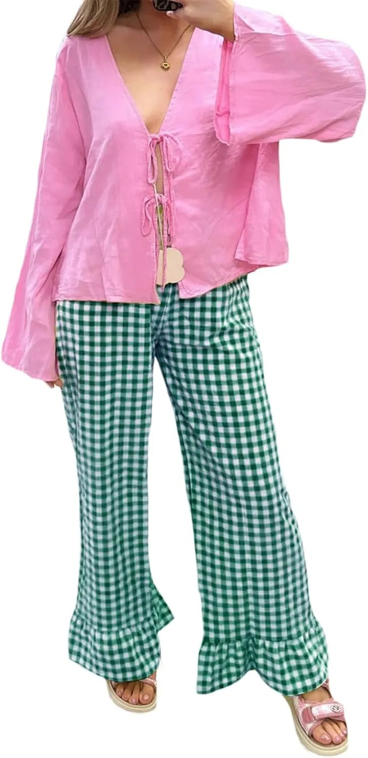 Women Gingham Pants Ruffle Hem Wide Leg Flowy Pants Checkered Trousers Plaid Pj Pants Y2k Going Out Bottoms