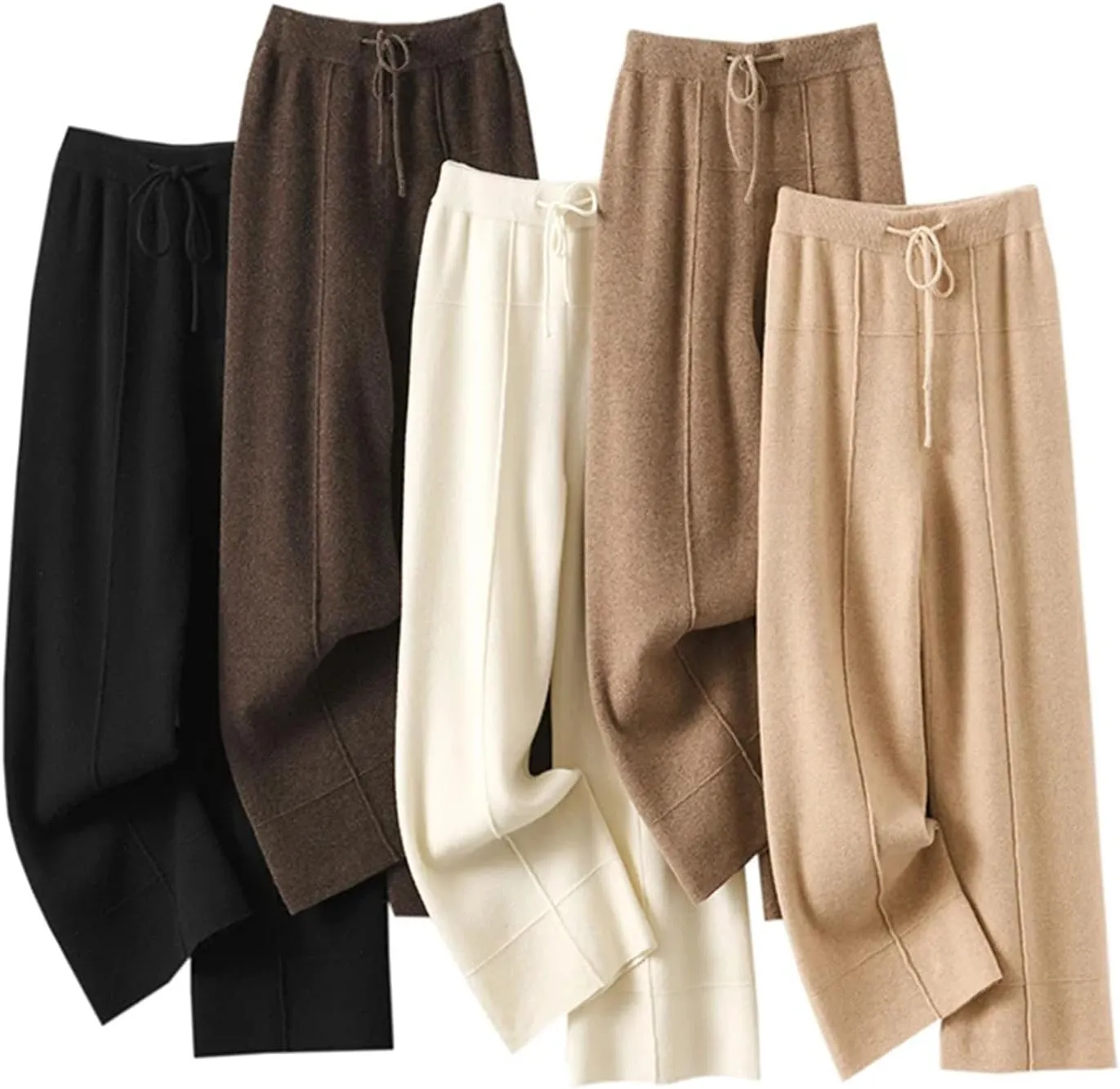 Women High Waist Wide-Leg Straight Pants Casual Wool Knitted Drawstring Soft Trousers