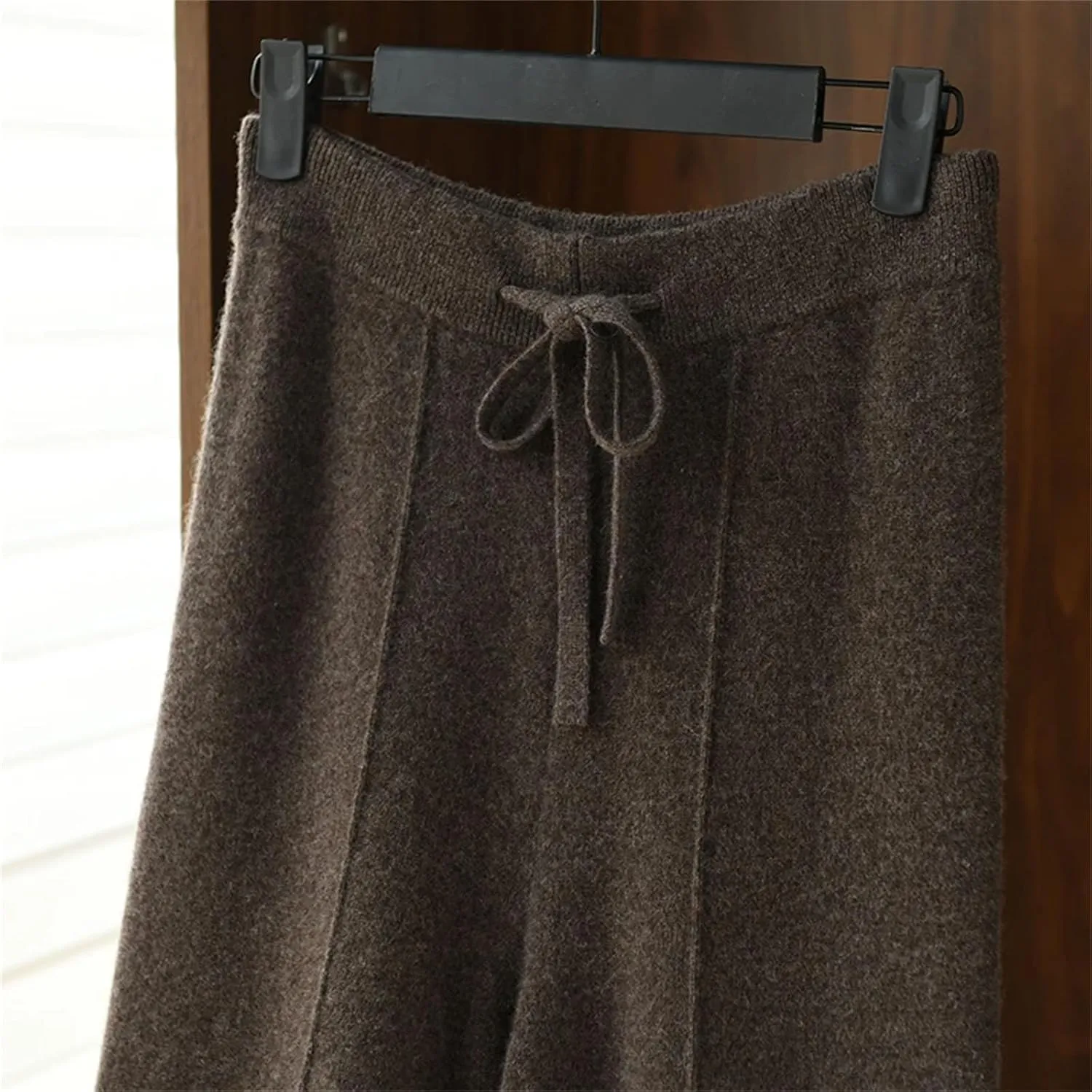 Women High Waist Wide-Leg Straight Pants Casual Wool Knitted Drawstring Soft Trousers