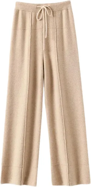 Women High Waist Wide-Leg Straight Pants Casual Wool Knitted Drawstring Soft Trousers