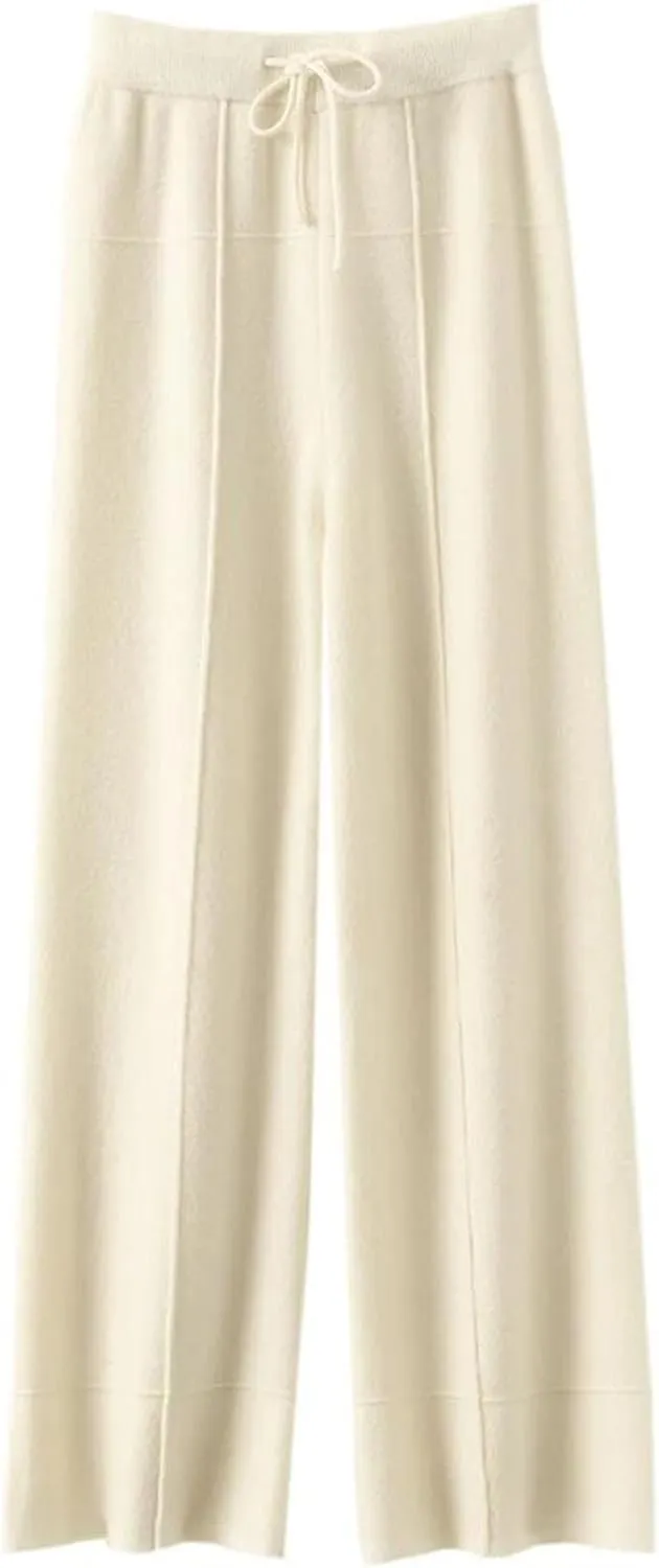 Women High Waist Wide-Leg Straight Pants Casual Wool Knitted Drawstring Soft Trousers