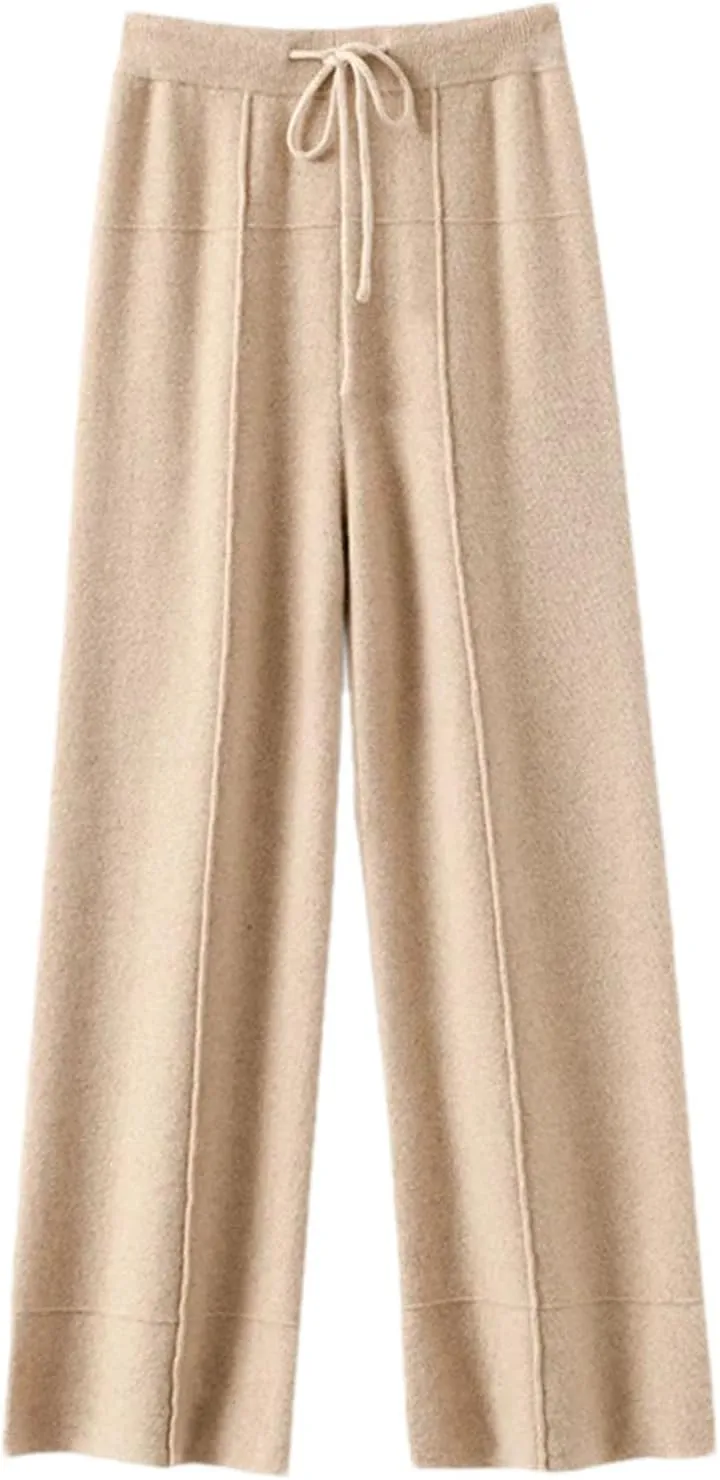 Women High Waist Wide-Leg Straight Pants Casual Wool Knitted Drawstring Soft Trousers