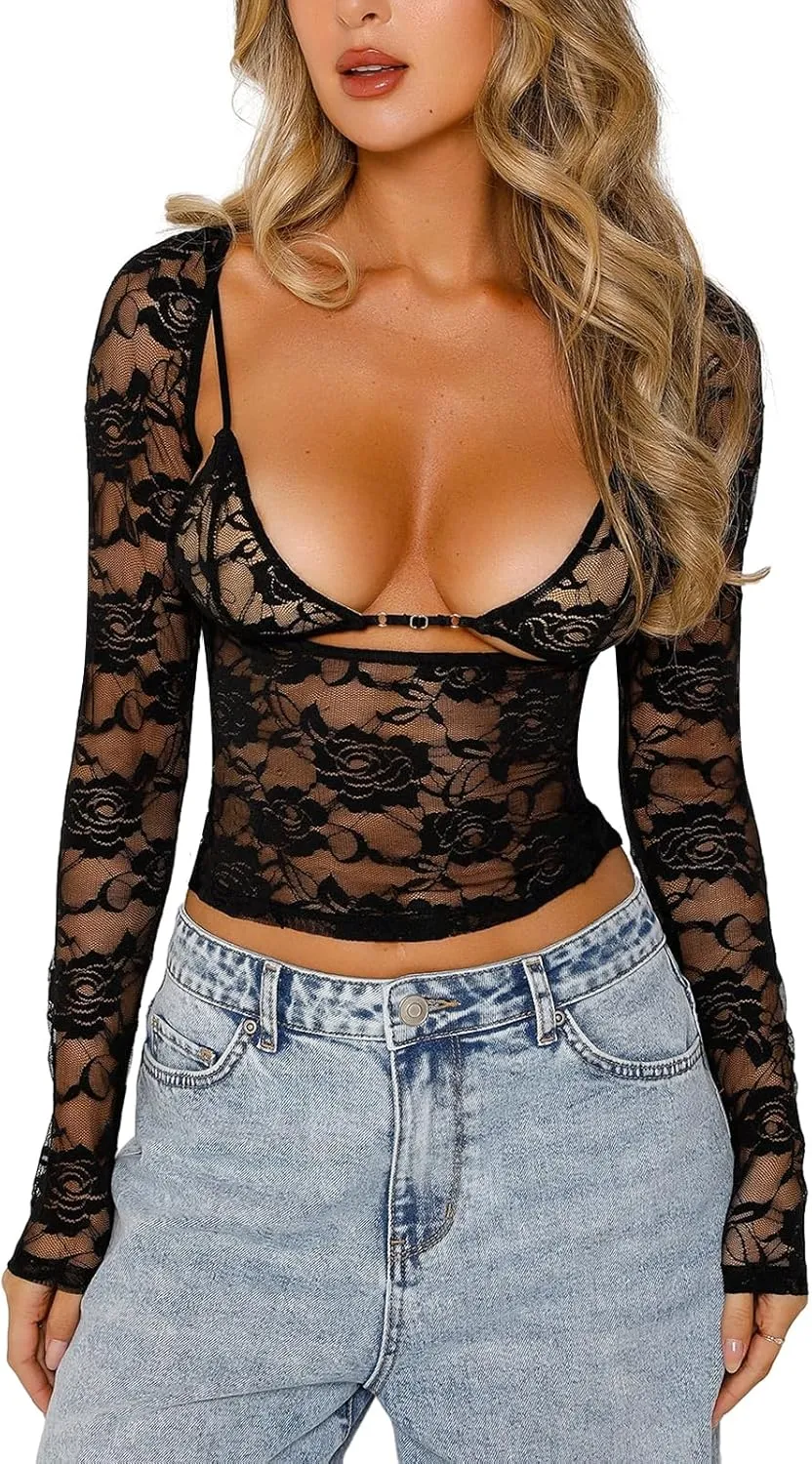 Women Lace Long Sleeve Shirt Sexy Deep V Neck See Through Crop Top Y2k Slim Fit Sheer Mesh Going Out Blouse