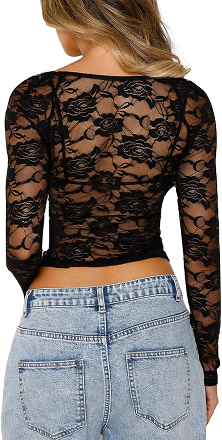 Women Lace Long Sleeve Shirt Sexy Deep V Neck See Through Crop Top Y2k Slim Fit Sheer Mesh Going Out Blouse