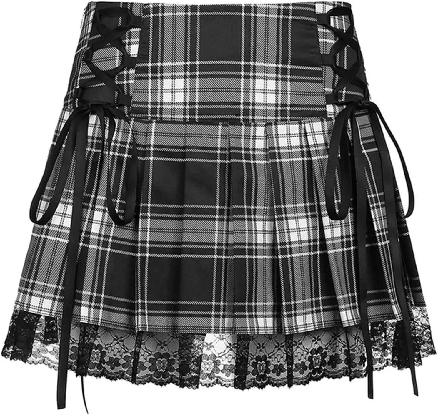 Women Lace Patchwork Pleated Skirt High Waist Gothic Short Skirt Ruffle Plaid A-Line Mini Skirt E-Girl Streetwear