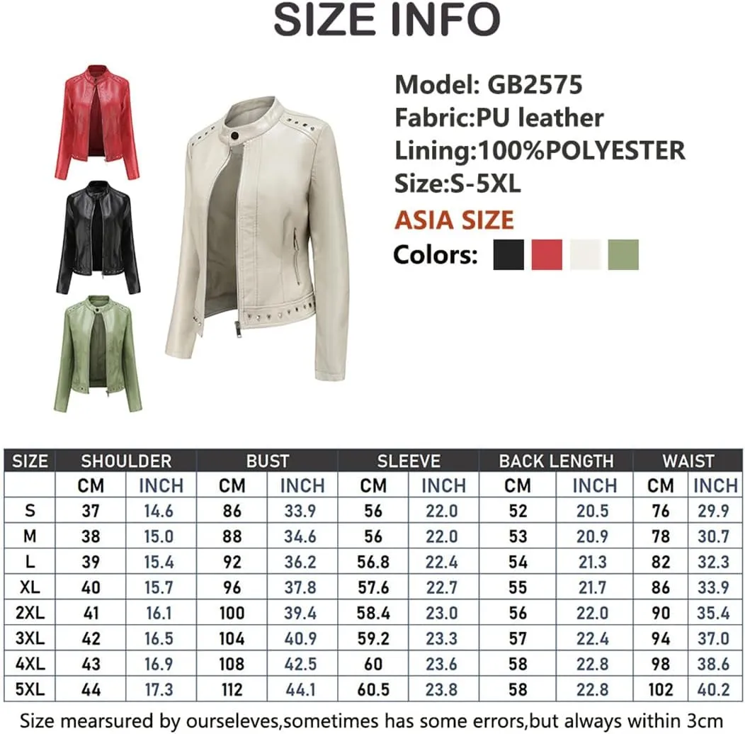 Women Moto Jacket Rivets Long Sleeve Stand Collar Casual Biker Jacket Black Leather Top