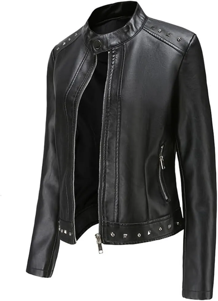 Women Moto Jacket Rivets Long Sleeve Stand Collar Casual Biker Jacket Black Leather Top