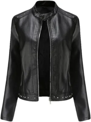 Women Moto Jacket Rivets Long Sleeve Stand Collar Casual Biker Jacket Black Leather Top