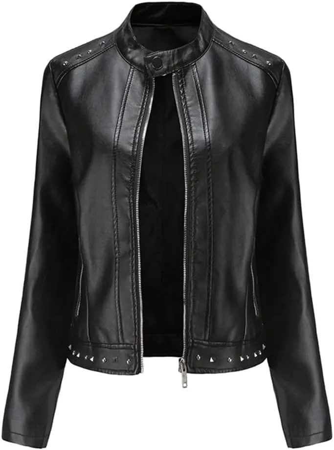 Women Moto Jacket Rivets Long Sleeve Stand Collar Casual Biker Jacket Black Leather Top