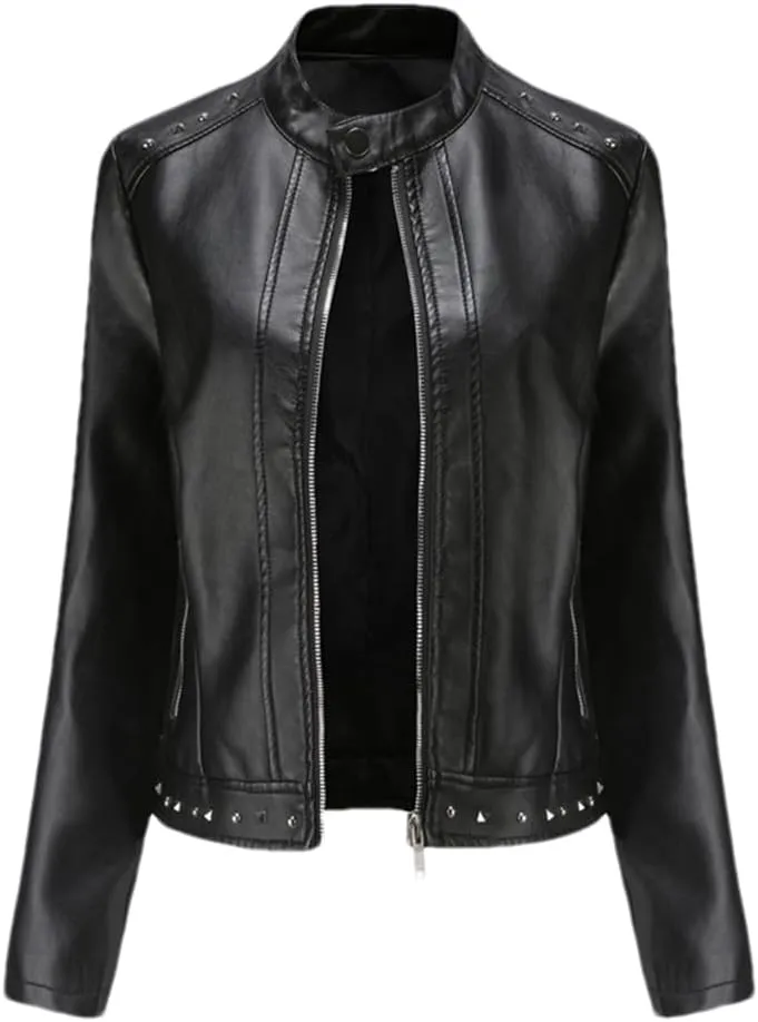 Women Moto Jacket Rivets Long Sleeve Stand Collar Casual Biker Jacket Black Leather Top