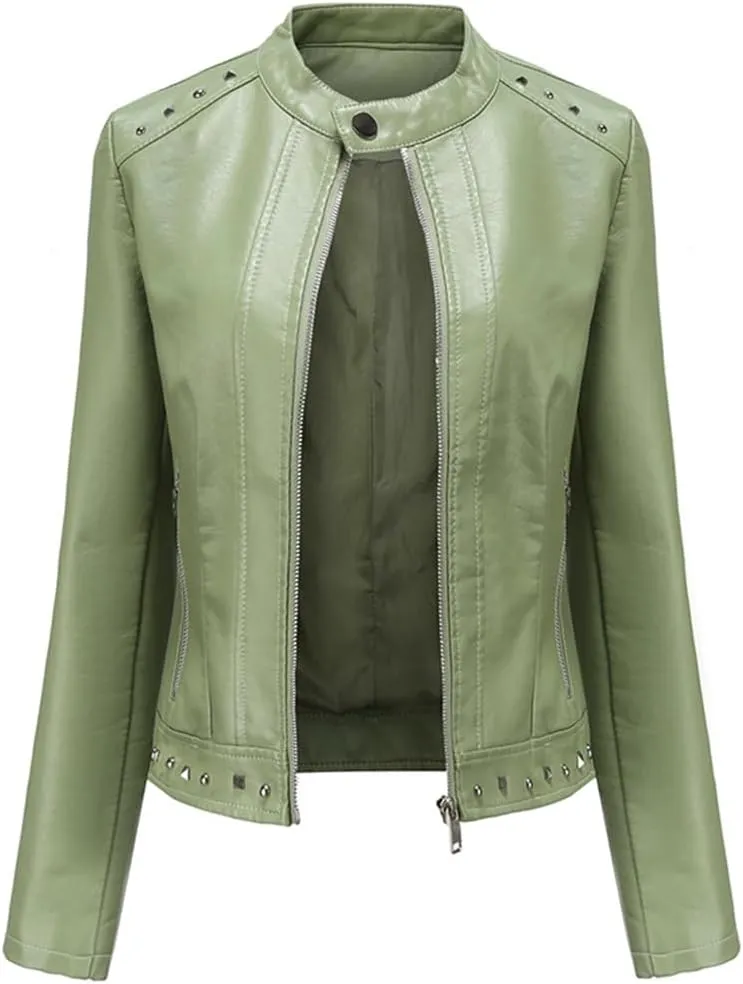 Women Moto Jacket Rivets Long Sleeve Stand Collar Casual Biker Jacket Black Leather Top