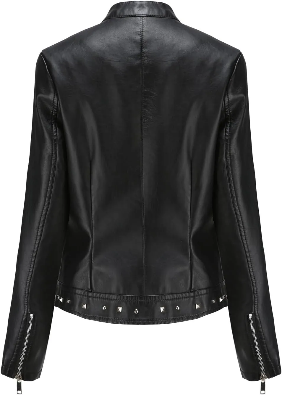 Women Moto Jacket Rivets Long Sleeve Stand Collar Casual Biker Jacket Black Leather Top