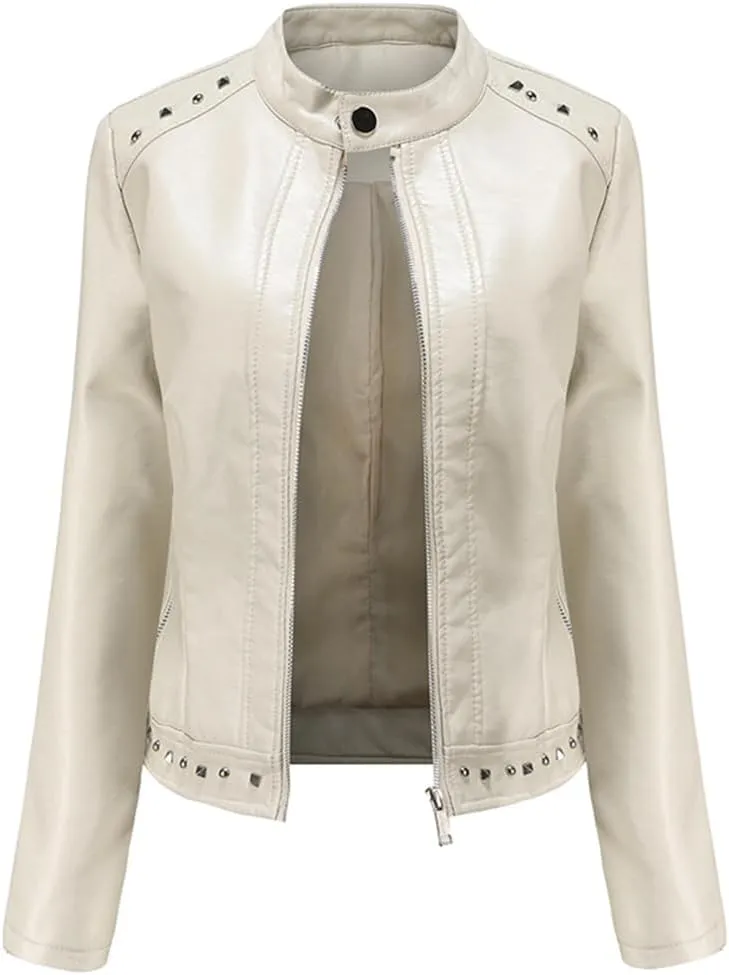 Women Moto Jacket Rivets Long Sleeve Stand Collar Casual Biker Jacket Black Leather Top