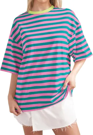 Women Oversized Striped Color Block Short Sleeve Crew Neck T Shirts Casual Loose Short Sleeved Shirts for Women