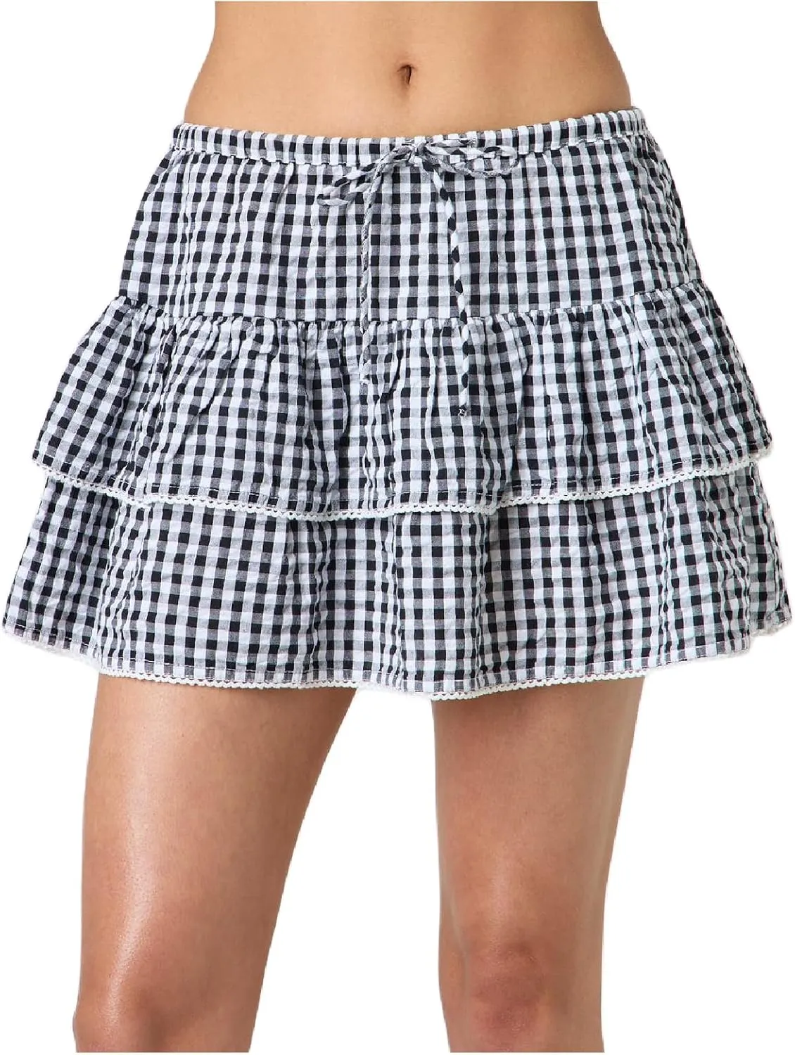 Women Plaid Ruffle Mini Skirt Y2k Gingham A line Pleated Short Skirt Elastic High Waist Layered Tiered Skirt