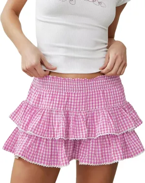 Women Plaid Ruffle Mini Skirt Y2k Gingham A line Pleated Short Skirt Elastic High Waist Layered Tiered Skirt