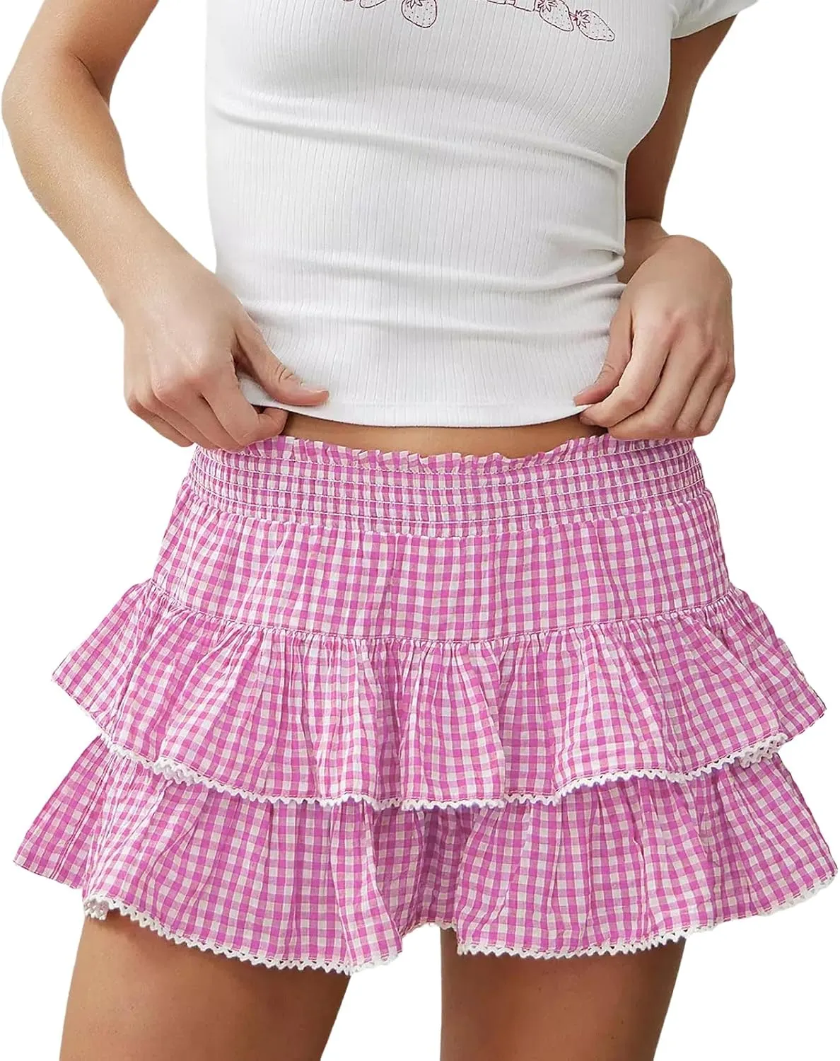 Women Plaid Ruffle Mini Skirt Y2k Gingham A line Pleated Short Skirt Elastic High Waist Layered Tiered Skirt