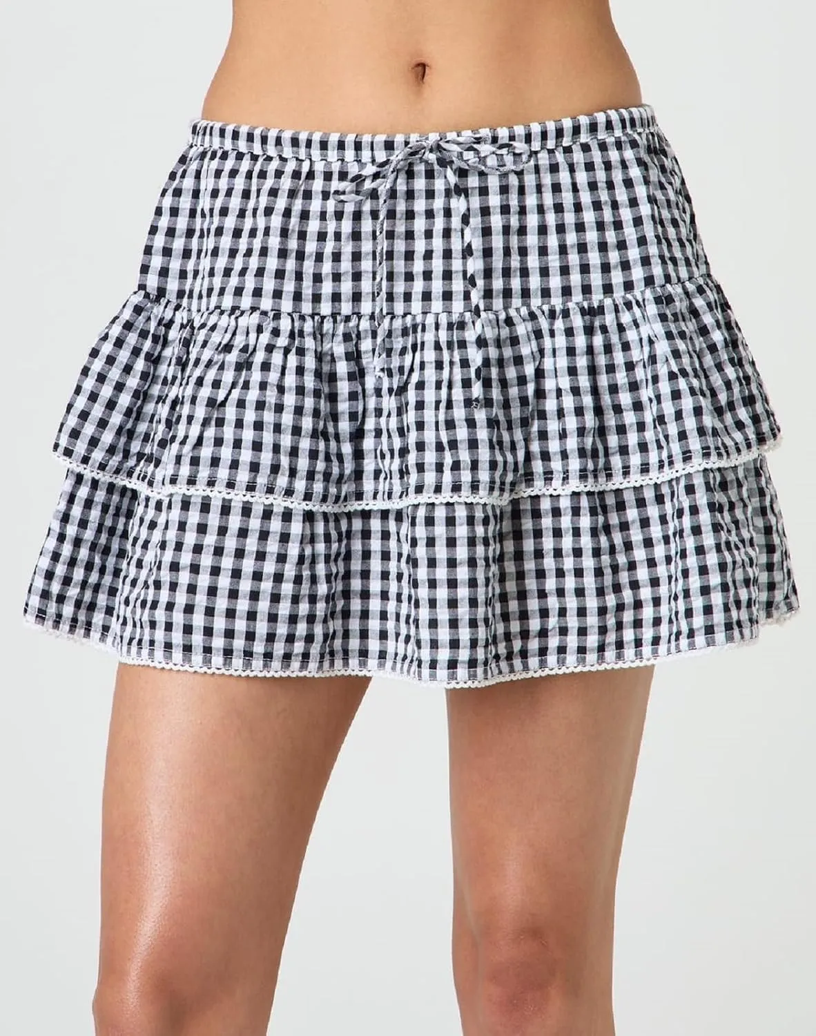 Women Plaid Ruffle Mini Skirt Y2k Gingham A line Pleated Short Skirt Elastic High Waist Layered Tiered Skirt