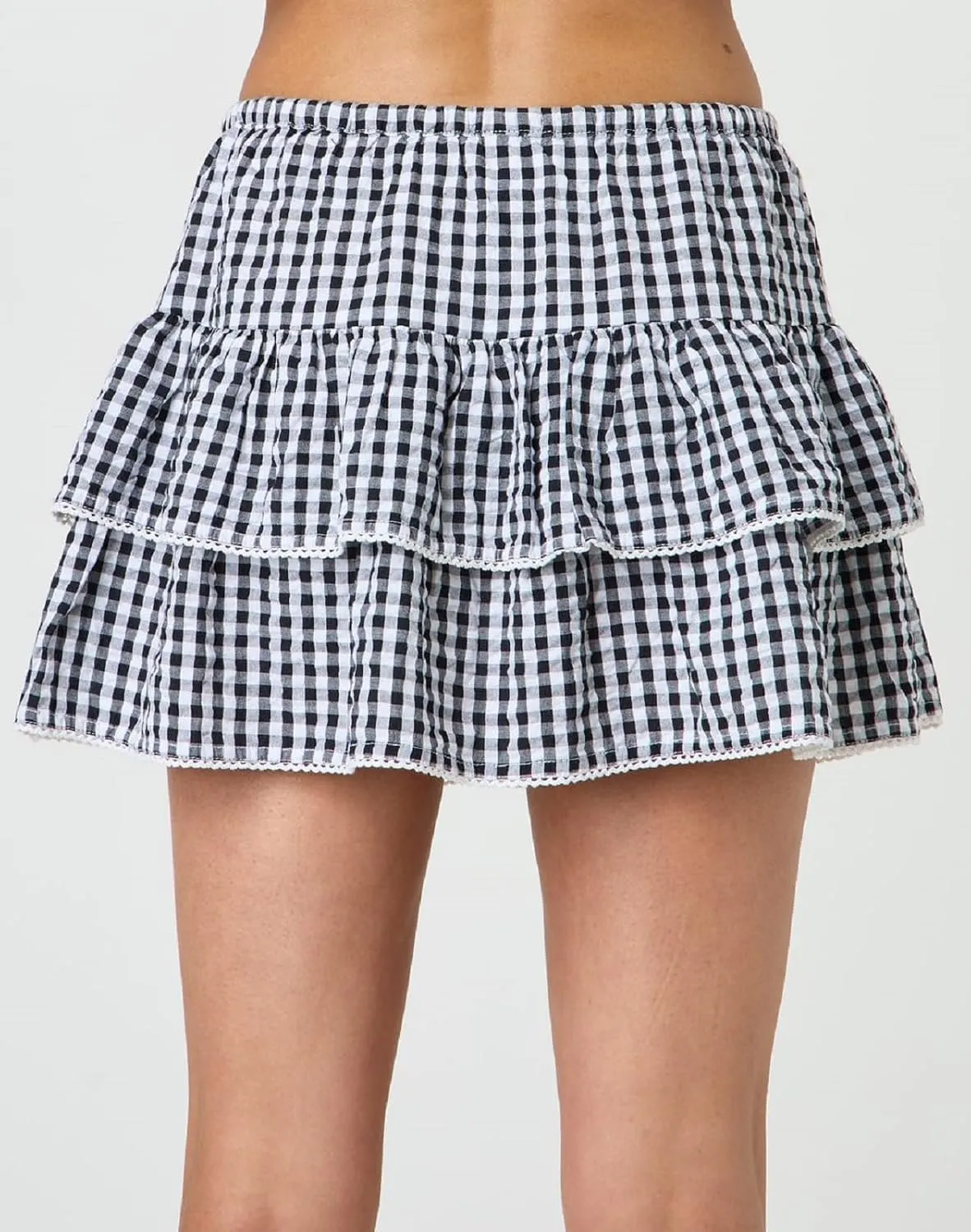 Women Plaid Ruffle Mini Skirt Y2k Gingham A line Pleated Short Skirt Elastic High Waist Layered Tiered Skirt