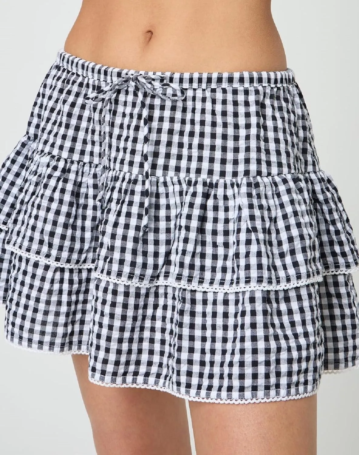 Women Plaid Ruffle Mini Skirt Y2k Gingham A line Pleated Short Skirt Elastic High Waist Layered Tiered Skirt