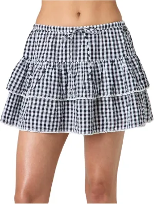Women Plaid Ruffle Mini Skirt Y2k Gingham A line Pleated Short Skirt Elastic High Waist Layered Tiered Skirt