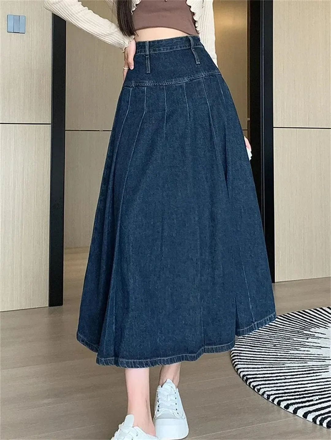Women Pleated High Waist Straight Loose Denim Skirts