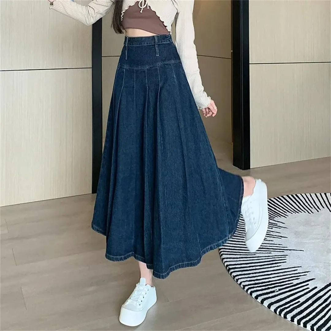 Women Pleated High Waist Straight Loose Denim Skirts