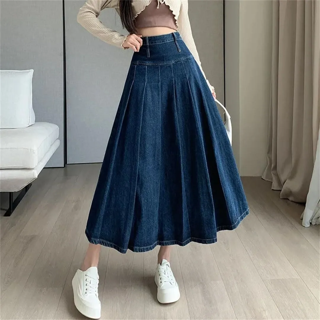 Women Pleated High Waist Straight Loose Denim Skirts