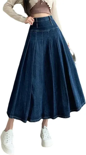 Women Pleated High Waist Straight Loose Denim Skirts