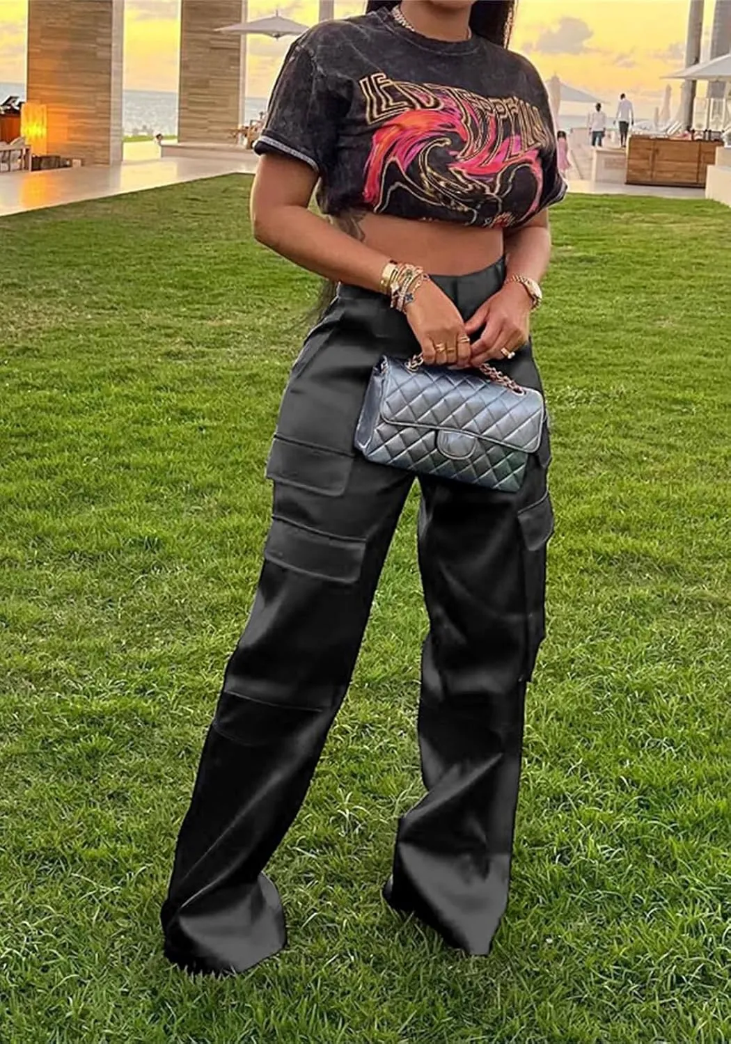 Women Satin Cargo Pants High Waisted Straight Wide Leg Casual Pants Multi Pockets Club Y2k Trousers