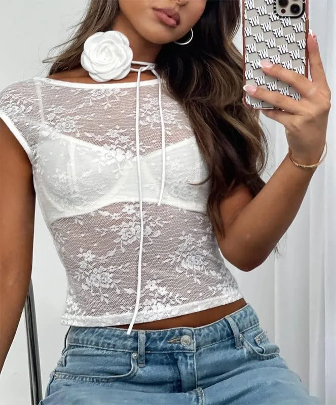 Women Short Sleeve Crop Top Y2k Floral Lace Backless Top Sheer Mesh See Through Top Going Out Streetwear