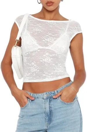 Women Short Sleeve Crop Top Y2k Floral Lace Backless Top Sheer Mesh See Through Top Going Out Streetwear