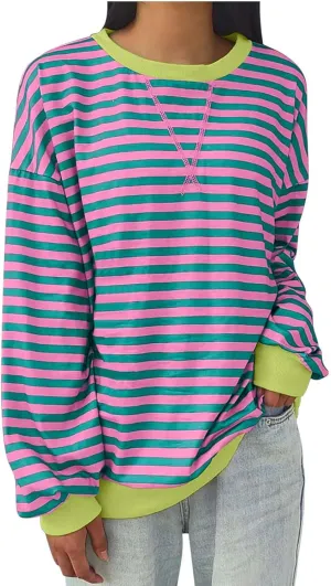 Women Sweatshir Striped Oversized Long Sleeve Crewneck Hoodies Shirt 2024 Fall Pullover Top Trendy Preppy Clothes