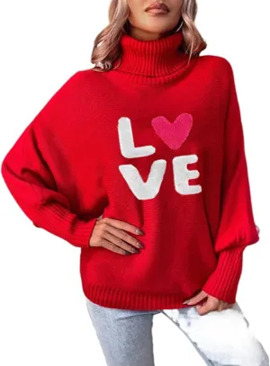 Women Valentines Day Turtleneck Sweaters for Teen Girls Heart Print Oversized Long Sleeve Knit Pullovers Tops(Red Love,M)